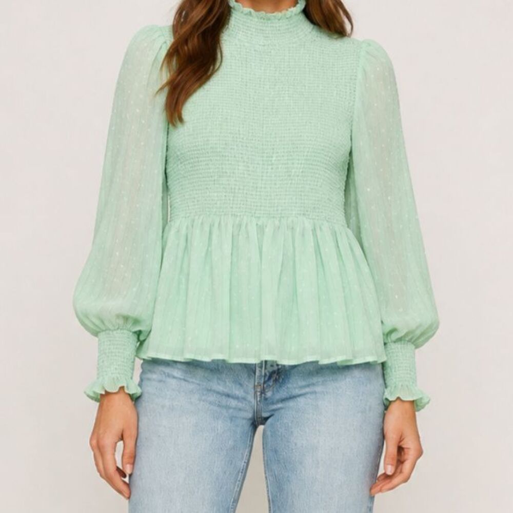 Vintage Mint Green Cottagecore Smocked Blouse Size Small